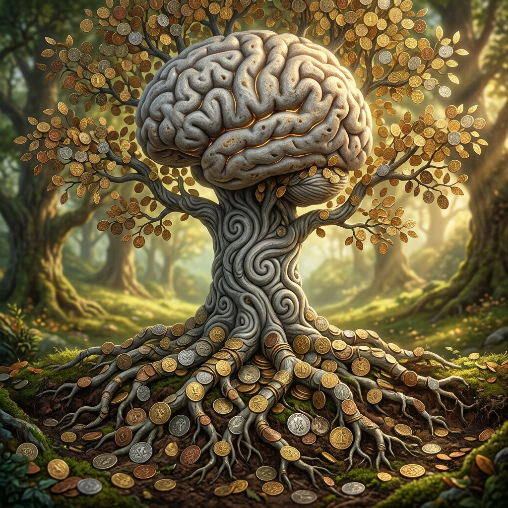 Tree with brain canopy and coins as leaves and roots
