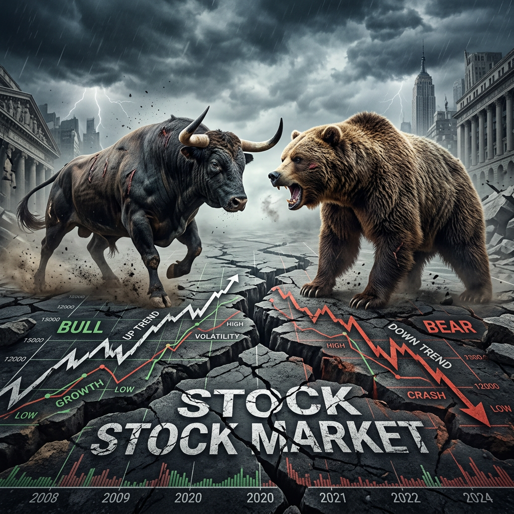 Bull and bear representing stock market uptrend and downtrend with charts