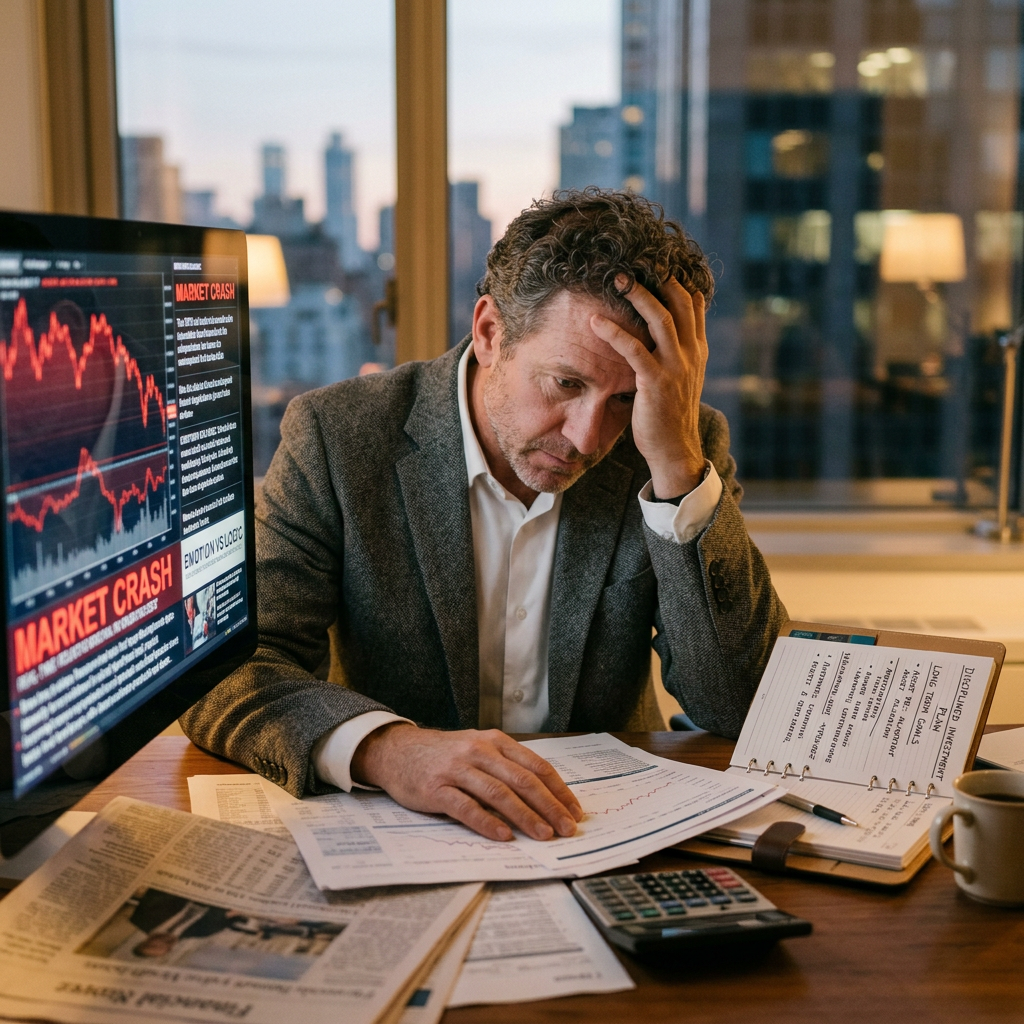 Man looking stressed while reviewing market crash data and financial papers