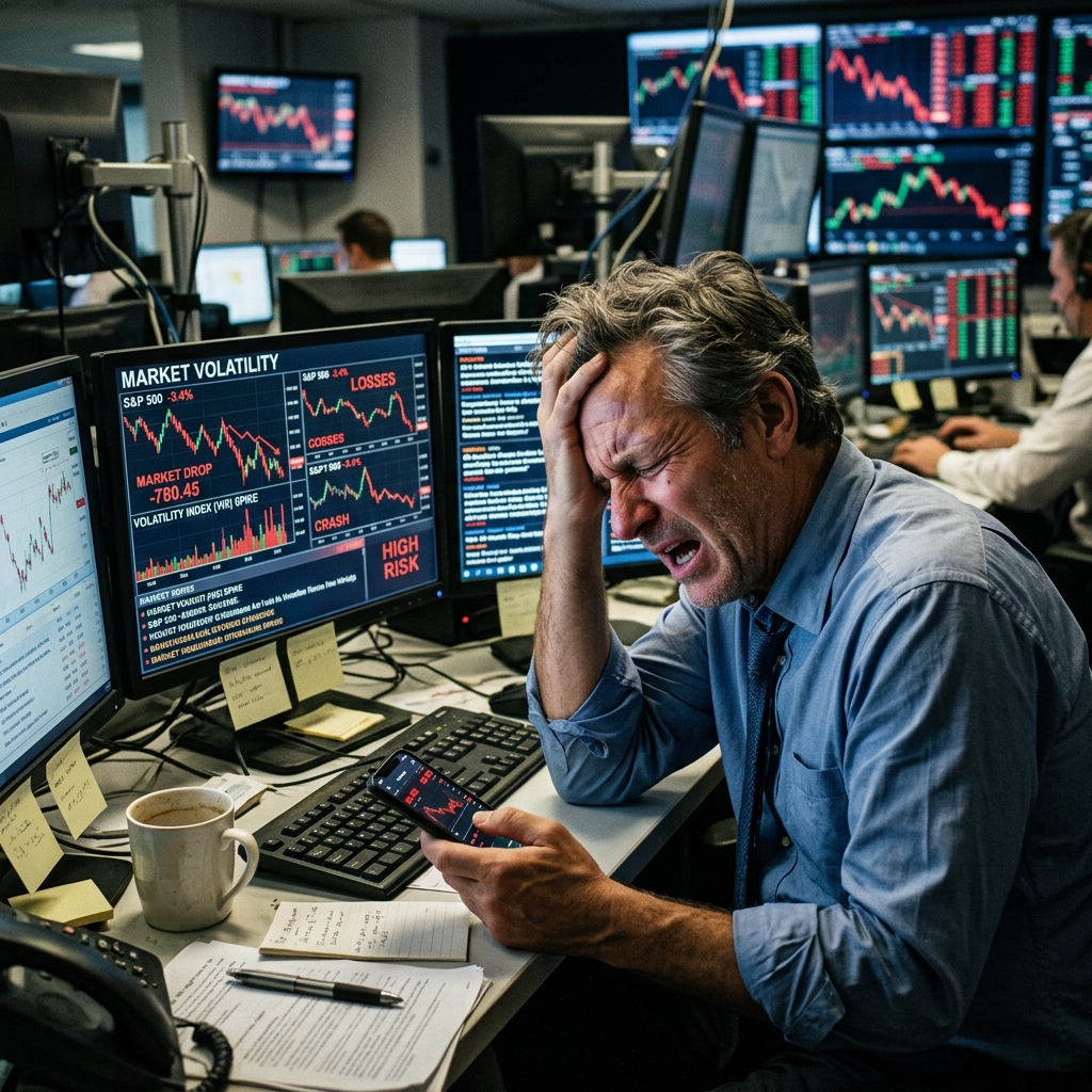 Trader holding phone and grimacing at red stock market losses on multiple monitors