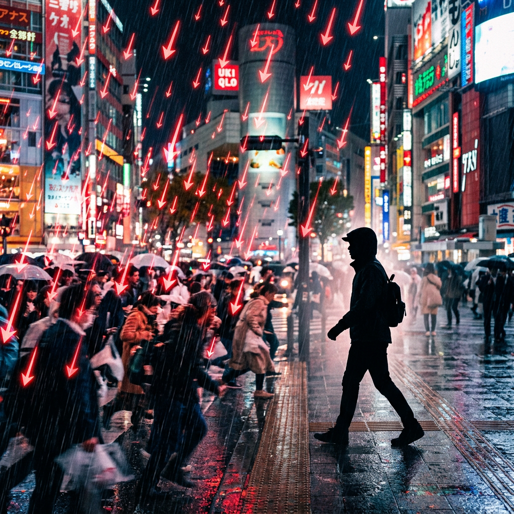 Crowd of people with umbrellas crossing a wet city street at night under red digital arrows