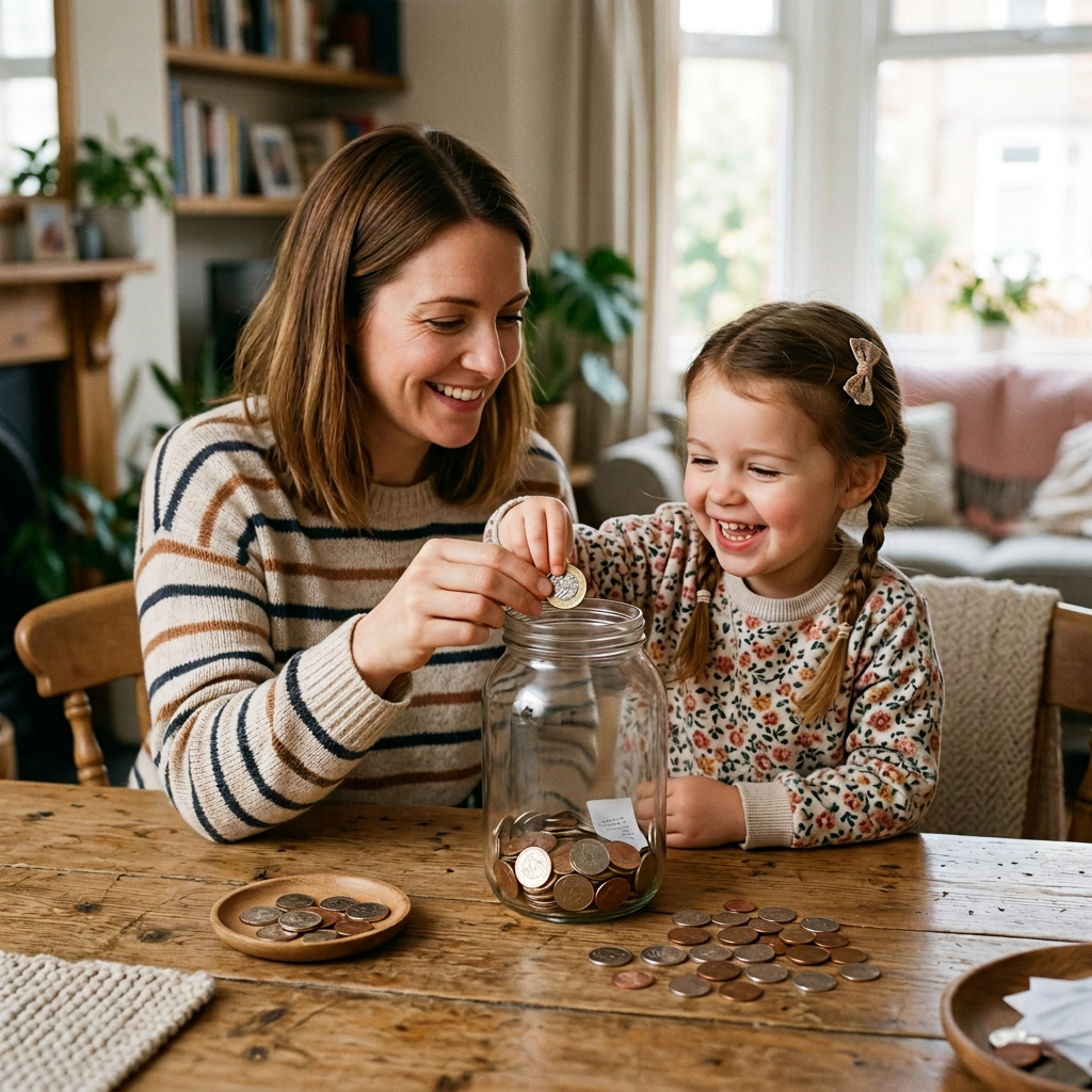 Mother and young daughter placing coins into a jar labeled Lily's Adventure Fund