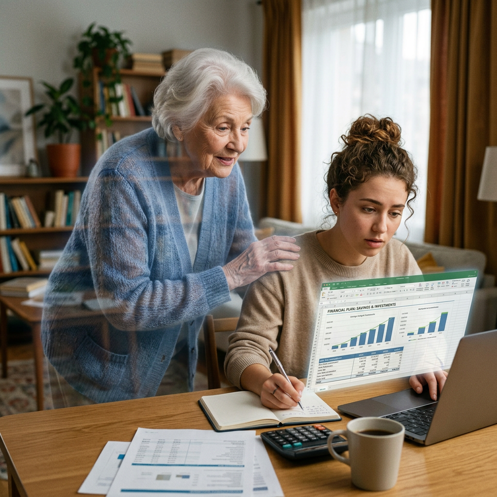 Young woman and elderly woman reviewing financial charts and notes at a table