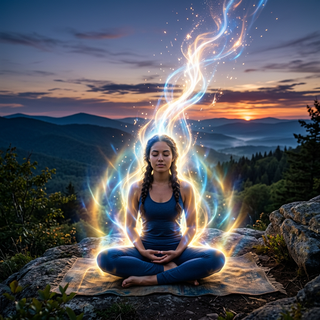 Woman seated cross-legged meditating on a mountain with glowing energy aura