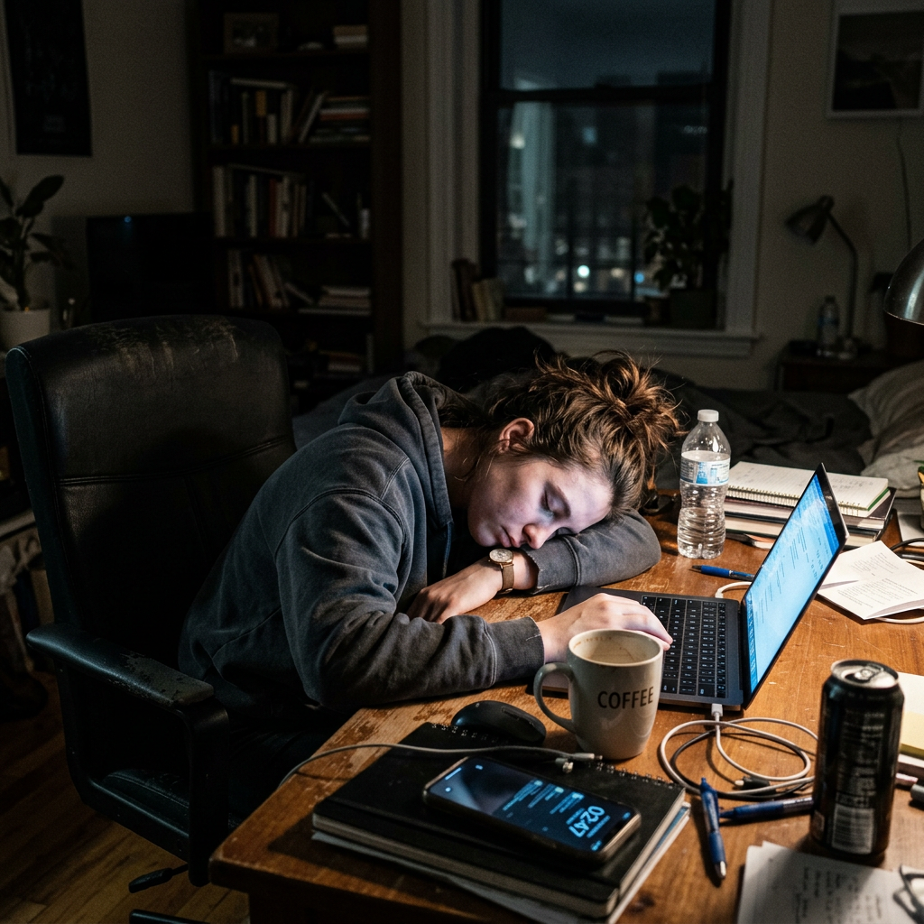 Person asleep on desk surrounded by laptop, notebooks, coffee mug, and phone